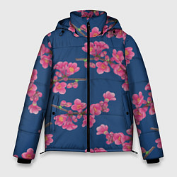 Куртка зимняя мужская Веточки айвы с розовыми цветами на синем фоне, цвет: 3D-черный
