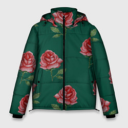 Куртка зимняя мужская Ярко красные розы на темно-зеленом фоне, цвет: 3D-светло-серый
