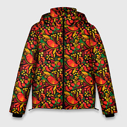 Куртка зимняя мужская Желтые и красные цветы, птицы и ягоды хохлома, цвет: 3D-черный