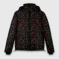 Куртка зимняя мужская Тюльпаны, сердечки , бабочки на черном, цвет: 3D-черный