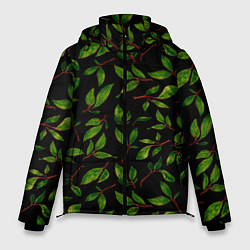 Куртка зимняя мужская Яркие зеленые листья на черном фоне, цвет: 3D-светло-серый