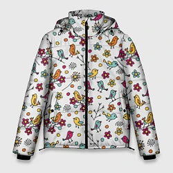 Куртка зимняя мужская Птицы и цветы Разноцветный узор в дудл стиле, цвет: 3D-красный
