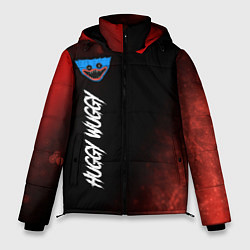 Куртка зимняя мужская Надпись и лицо Huggy Wuggy на темном фоне с огнем, цвет: 3D-черный