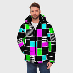 Куртка зимняя мужская Неоновый геометрический узор на черном, цвет: 3D-светло-серый — фото 2