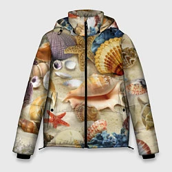 Куртка зимняя мужская Морские раковины, кораллы, морские звёзды на песке, цвет: 3D-светло-серый
