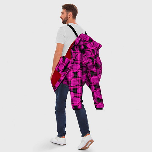 Мужская зимняя куртка Black and pink hearts pattern on checkered / 3D-Красный – фото 5