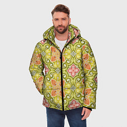 Куртка зимняя мужская Зеленые узоры и оранжевые цветы, цвет: 3D-светло-серый — фото 2
