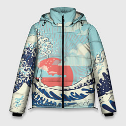 Куртка зимняя мужская Морской пейзаж с большими волнами на закате, цвет: 3D-красный