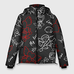 Мужская зимняя куртка Летающие сердца купидоны розы на черном фоне