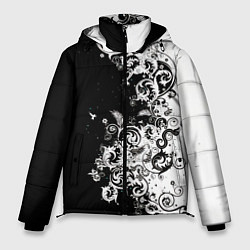 Куртка зимняя мужская Черно-белые цветы и колибри, цвет: 3D-светло-серый