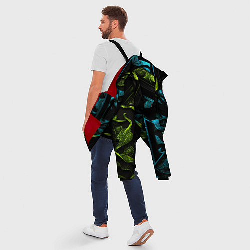 Мужская зимняя куртка Зеленые и синие абстрактные листья / 3D-Красный – фото 5