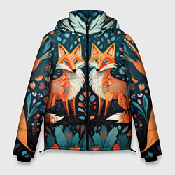 Куртка зимняя мужская Две лисички в стиле фолк арт, цвет: 3D-черный