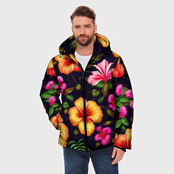 Куртка зимняя мужская Гавайские цветы узор, цвет: 3D-черный — фото 2