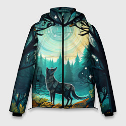 Куртка зимняя мужская Волк в ночном лесу фолк-арт, цвет: 3D-черный