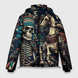 Куртка зимняя мужская Татуировка скелета индейца и ковбоя в техасе, цвет: 3D-черный