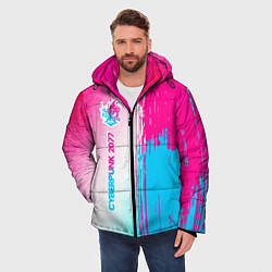 Куртка зимняя мужская Cyberpunk 2077 neon gradient style по-вертикали, цвет: 3D-черный — фото 2