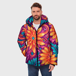 Куртка зимняя мужская Цветы и листья узор, цвет: 3D-красный — фото 2