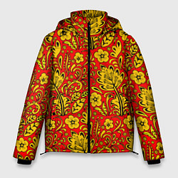 Куртка зимняя мужская Хохломская роспись золотистые цветы на красном фон, цвет: 3D-черный