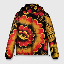 Куртка зимняя мужская Хохломская роспись красно-жёлтые цветы на чёрном ф, цвет: 3D-светло-серый