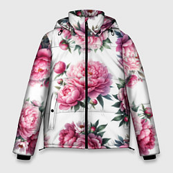 Куртка зимняя мужская Розовые цветы пиона, цвет: 3D-черный
