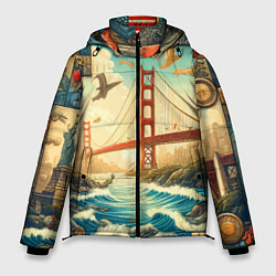 Куртка зимняя мужская Мост через реку и пэчворк - нейросеть арт USA brid, цвет: 3D-красный