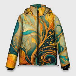 Куртка зимняя мужская Золотые и бирюзовые листья абстракция, цвет: 3D-светло-серый