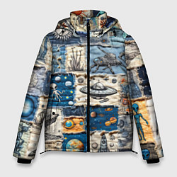 Куртка зимняя мужская Джинсовый пэчворк с пришельцами, цвет: 3D-черный