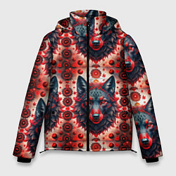 Куртка зимняя мужская Серые волки на красном фоне, цвет: 3D-светло-серый