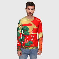 Лонгслив мужской Японский пейзаж на красном, цвет: 3D-принт — фото 2