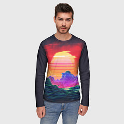 Лонгслив мужской Синтвейв неоновые горы на закате, цвет: 3D-принт — фото 2