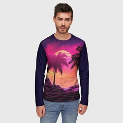 Лонгслив мужской Пальмы и пляж в розовом закате ретро дизайн, цвет: 3D-принт — фото 2