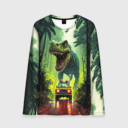 Мужской лонгслив Динозавр в погоне за машиной в джунглях