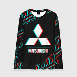 Лонгслив мужской Значок Mitsubishi в стиле glitch на темном фоне, цвет: 3D-принт
