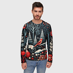 Лонгслив мужской Новогодний лес и птицы, цвет: 3D-принт — фото 2