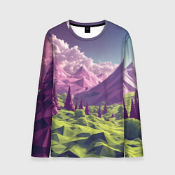 Лонгслив мужской Геометрический зеленый пейзаж и фиолетовые горы, цвет: 3D-принт