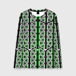 Лонгслив мужской Бело-зелёные треугольники на чёрном фоне, цвет: 3D-принт