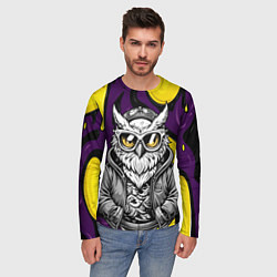 Лонгслив мужской Модная сова фиолетово-желтый фон, цвет: 3D-принт — фото 2