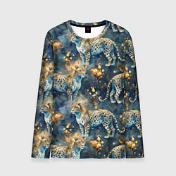 Мужской лонгслив Леопард и золотые капли на синем фоне