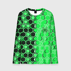 Лонгслив мужской Техно-киберпанк шестиугольники зелёный и чёрный с, цвет: 3D-принт