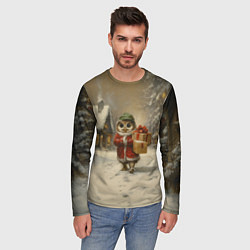 Лонгслив мужской Сова с подарками идет праздновать новый год, цвет: 3D-принт — фото 2