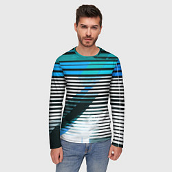 Лонгслив мужской Сине-чёрные полосы на белом фоне, цвет: 3D-принт — фото 2