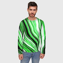 Лонгслив мужской Волнистые вертикальные чёрно-зелёные полосы, цвет: 3D-принт — фото 2