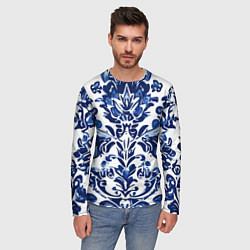 Лонгслив мужской Гжель русский узор акварель, цвет: 3D-принт — фото 2