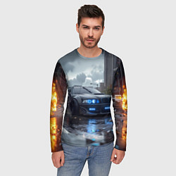 Лонгслив мужской BMW синие фары дождливая погода, цвет: 3D-принт — фото 2