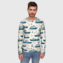 Лонгслив мужской Морской паттерн из чаек, якорей и кораблей, цвет: 3D-принт — фото 2