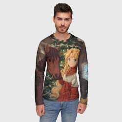 Лонгслив мужской Аниме девочка с лошадкой встречают Новый год, цвет: 3D-принт — фото 2