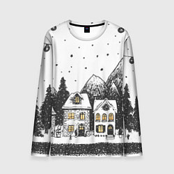 Лонгслив мужской Черно-белый новогодний город, цвет: 3D-принт