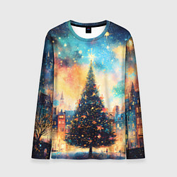 Мужской лонгслив Новогодняя елка за городом