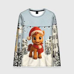 Лонгслив мужской Милая новогодняя лошадка с шарфом, цвет: 3D-принт