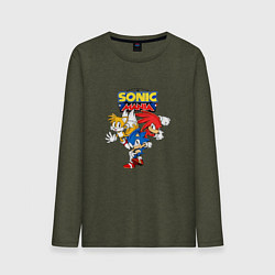 Лонгслив хлопковый мужской Sonic Mania цвета меланж-хаки — фото 1